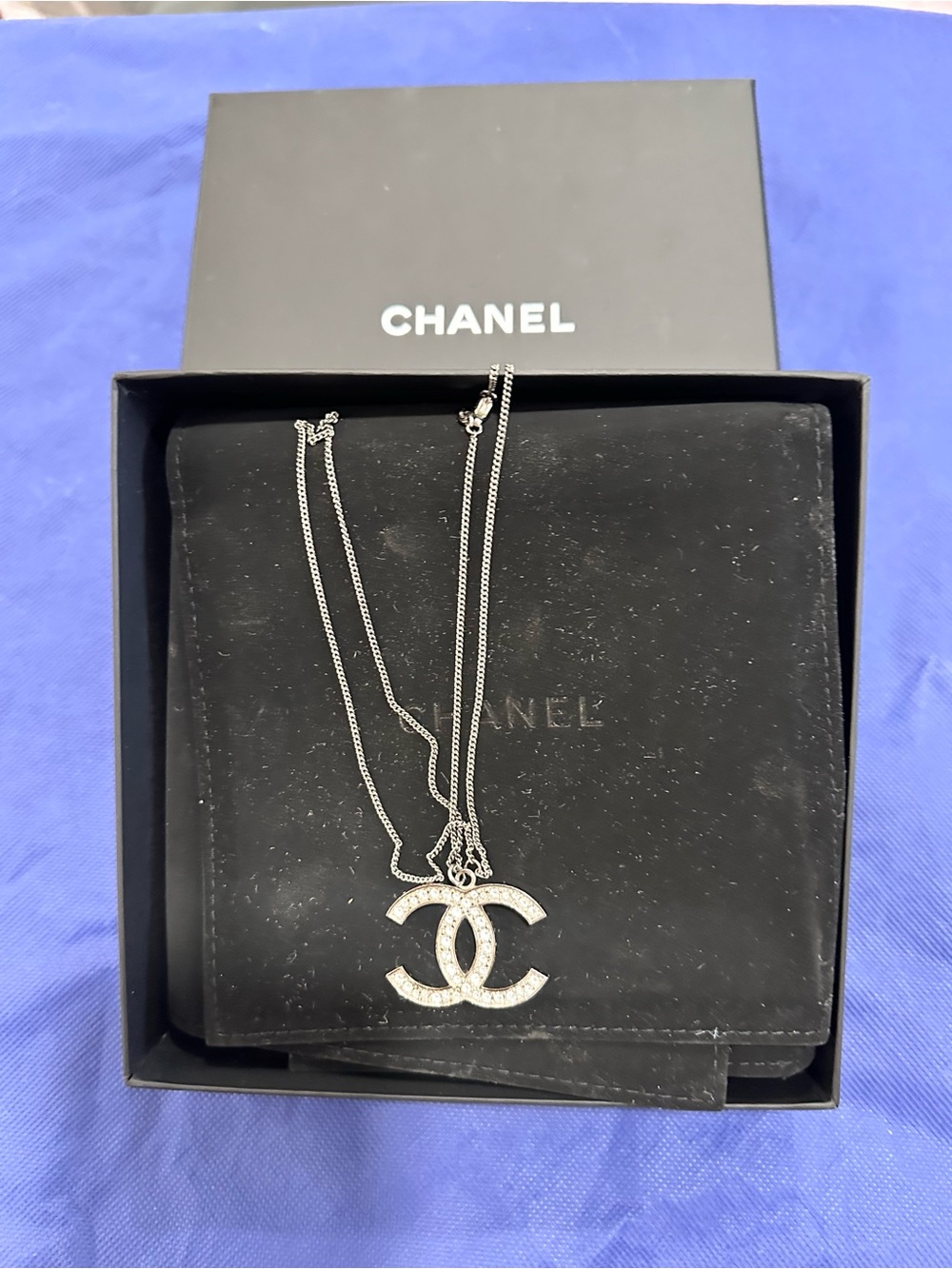 CHANEL Silver Crystal Double C Pendant Necklace